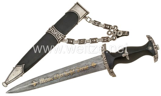 Allgemeine SS M36 Chained Damascus-Bladed Honour Dagger Obverse with Scabbard