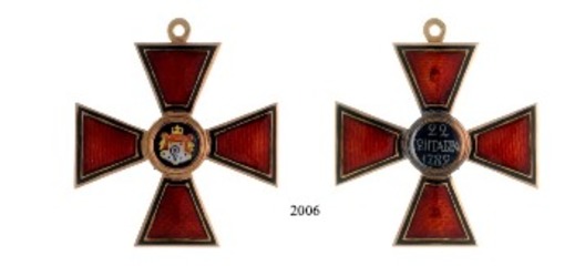 Order of Saint Vladimir, Civil Division, III Class Cross by A. Keibel (1880s example in gold) Obverse and Reverse