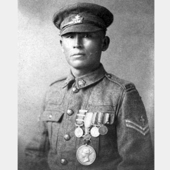 Francis (Binaaswi) Pegahmagabow wearing a Military Merit Medal, 1914-15 Star and other decorations.