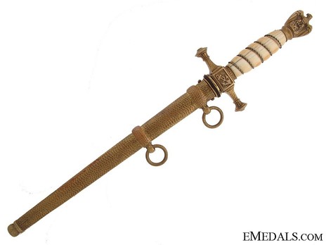 Kriegsmarine WKC-made 2nd model Damascus Blade & Ivory Grip Officer’s Dagger Obverse in Scabbard